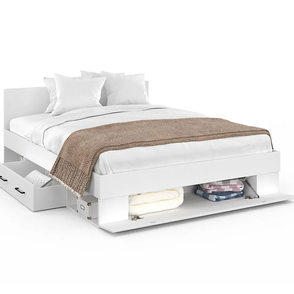 IDMarket Lit double MINEA avec tiroirs + niches de rangement + tête de lit et sommier 140 x 190 cm blanc