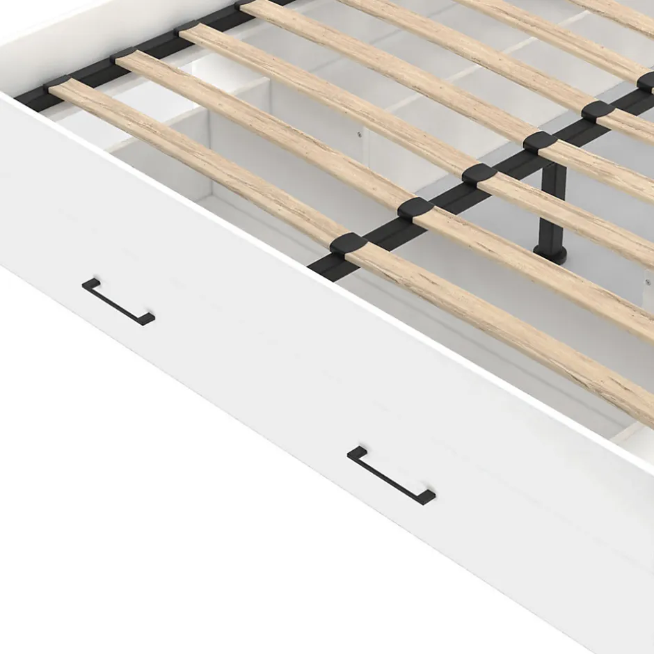 IDMarket Lit double MINEA avec tiroirs + niches de rangement + tête de lit et sommier 140 x 190 cm blanc
