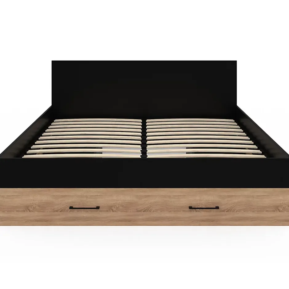 IDMarket Lit double MINEA avec tiroirs + niches de rangement + tête de lit et sommier 140 x 190 cm façon hêtre et noir