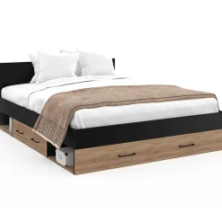 IDMarket Lit double MINEA avec tiroirs + niches de rangement + tête de lit et sommier 140 x 190 cm façon hêtre et noir
