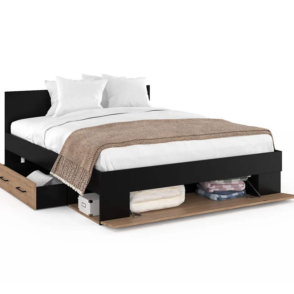 IDMarket Lit double MINEA avec tiroirs + niches de rangement + tête de lit et sommier 140 x 190 cm façon hêtre et noir