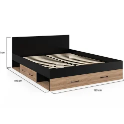 IDMarket Lit double MINEA avec tiroirs + niches de rangement + tête de lit et sommier 140 x 190 cm façon hêtre et noir