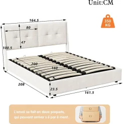 Simple Life Lit double moderne 160x200 cm, tête de lit rembourrée, LED intégrées, rangement sous sommier, design minimaliste, beige.