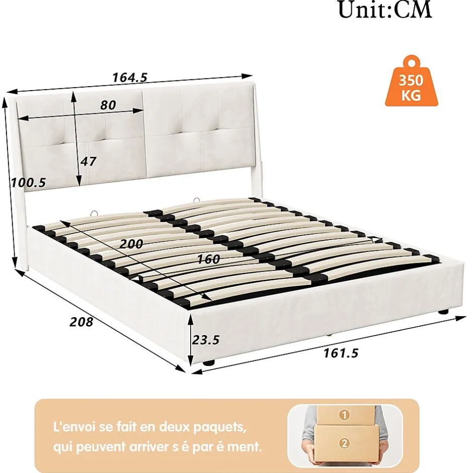 Simple Life Lit double moderne 160x200 cm, tête de lit rembourrée, LED intégrées, rangement sous sommier, design minimaliste, beige.