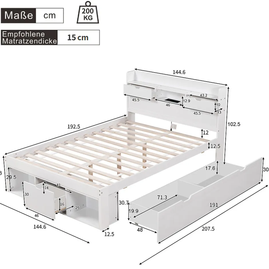 Okwish Lit Double Multifonction 140x190 cm, Lit Ado avec USB, Tiroirs et Armoire de Rangement, en Bois Pin, Blanc, Sans Matelas