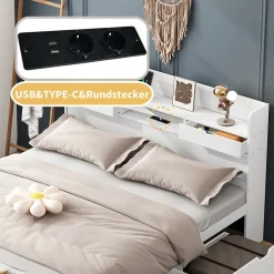 Okwish Lit Double Multifonction 140x190 cm, Lit Ado avec USB, Tiroirs et Armoire de Rangement, en Bois Pin, Blanc, Sans Matelas