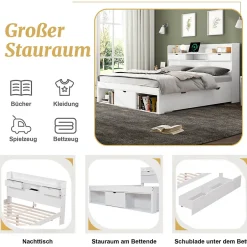Okwish Lit Double Multifonction 140x190 cm, Lit Ado avec USB, Tiroirs et Armoire de Rangement, en Bois Pin, Blanc, Sans Matelas