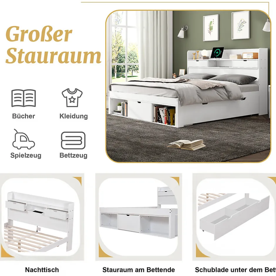Okwish Lit Double Multifonction 140x190 cm, Lit Ado avec USB, Tiroirs et Armoire de Rangement, en Bois Pin, Blanc, Sans Matelas
