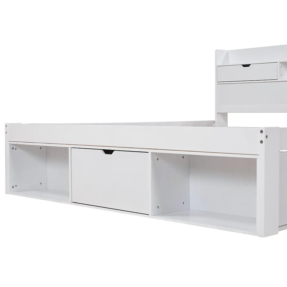 Okwish Lit Double Multifonction 140x190 cm, Lit Ado avec USB, Tiroirs et Armoire de Rangement, en Bois Pin, Blanc, Sans Matelas