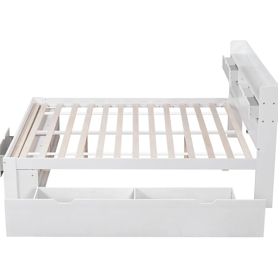 Okwish Lit Double Multifonction 140x190 cm, Lit Ado avec USB, Tiroirs et Armoire de Rangement, en Bois Pin, Blanc, Sans Matelas