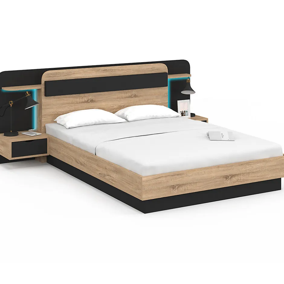 IDMarket Lit double NATHAN 140 x 190 cm avec tête de lit, chevets suspendus, étagère, LED et sommier bois et noir