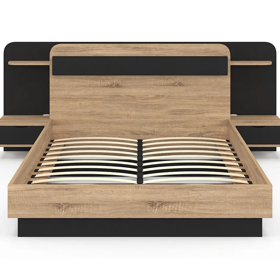IDMarket Lit double NATHAN 140 x 190 cm avec tête de lit, chevets suspendus, étagère, LED et sommier bois et noir