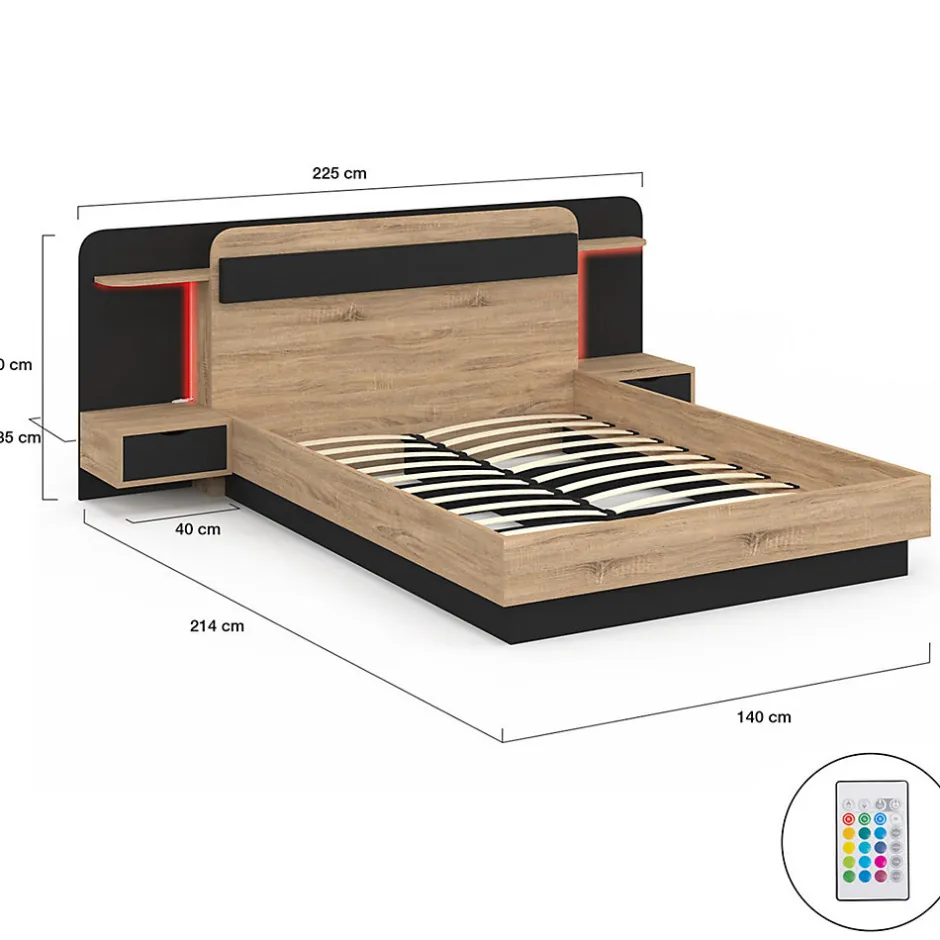 IDMarket Lit double NATHAN 140 x 190 cm avec tête de lit, chevets suspendus, étagère, LED et sommier bois et noir
