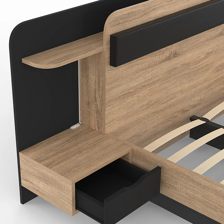 IDMarket Lit double NATHAN 140 x 190 cm avec tête de lit, chevets suspendus, étagère, LED et sommier bois et noir