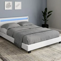 IDMarket Lit double NEO avec tête de lit LED intégrées et sommier 140 x 190 cm PVC blanc