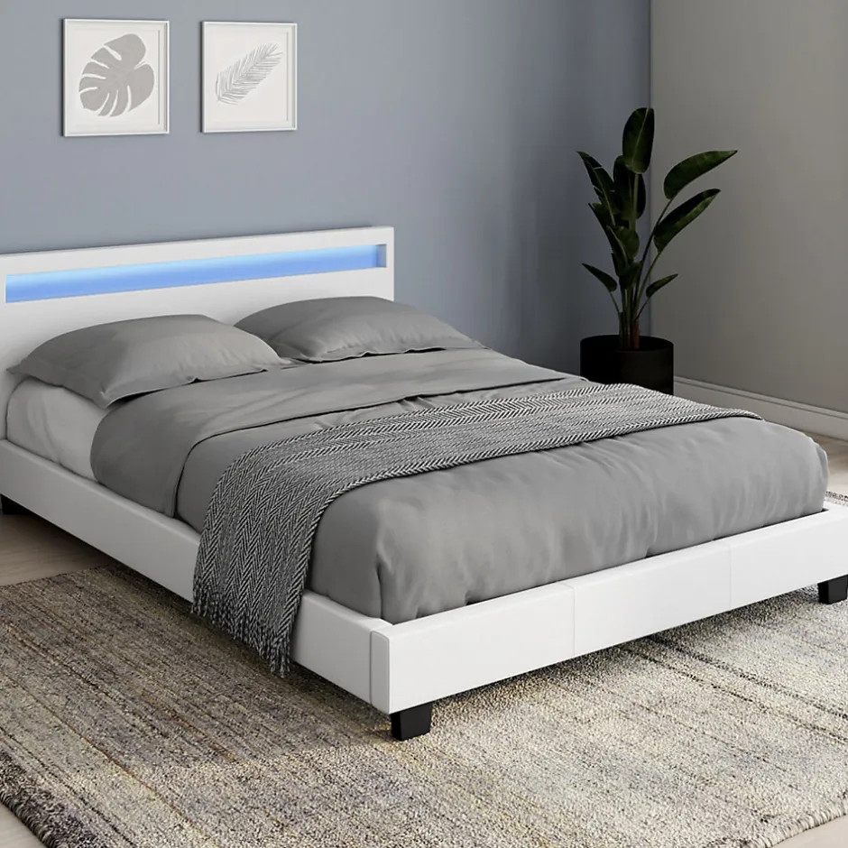 IDMarket Lit double NEO avec tête de lit LED intégrées et sommier 140 x 190 cm PVC blanc