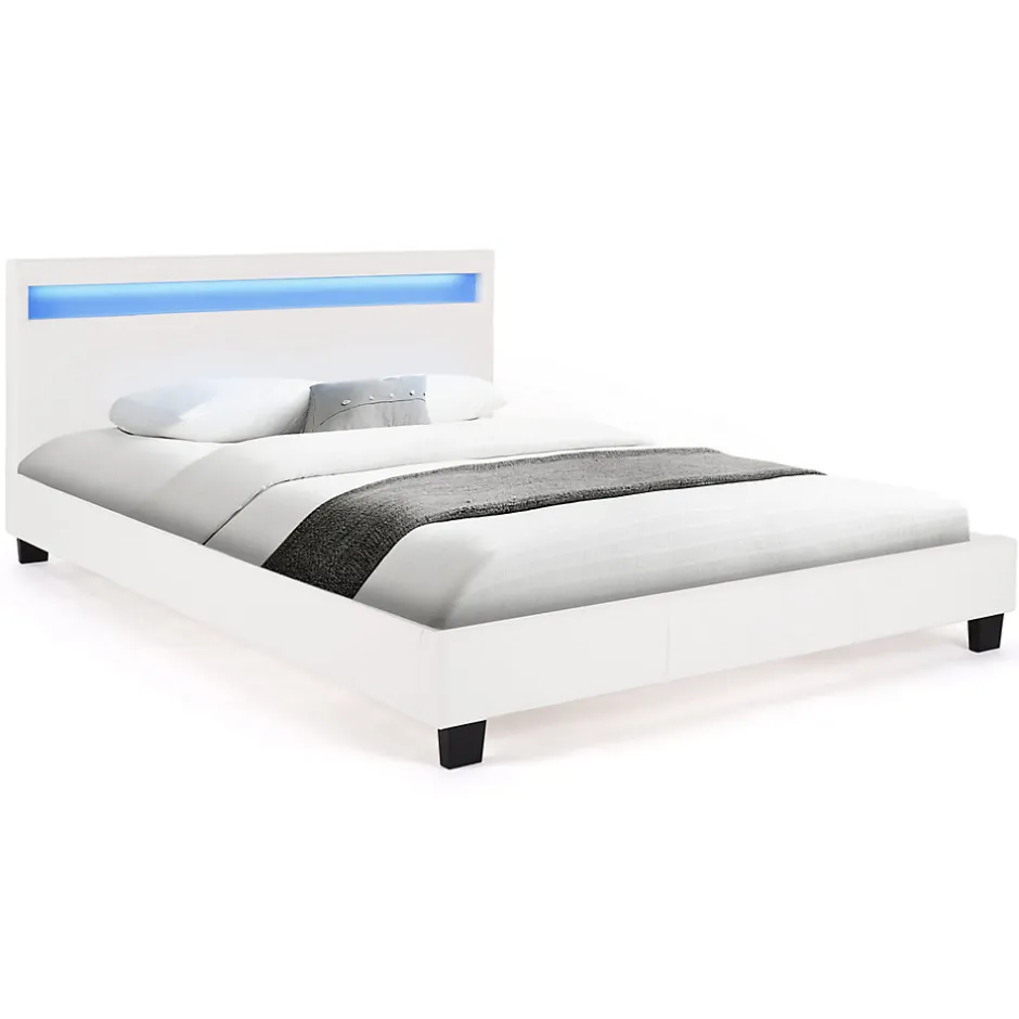 IDMarket Lit double NEO avec tête de lit LED intégrées et sommier 140 x 190 cm PVC blanc