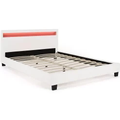 IDMarket Lit double NEO avec tête de lit LED intégrées et sommier 140 x 190 cm PVC blanc