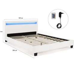 IDMarket Lit double NEO avec tête de lit LED intégrées et sommier 140 x 190 cm PVC blanc