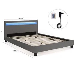 IDMarket Lit double NEO avec tête de lit LED intégrées et sommier 140 x 190 cm PVC gris New