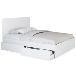 IDMarket Lit double OMAHA 4 tiroirs sur roulettes avec tête de lit et sommier 140 x 190 cm blanc