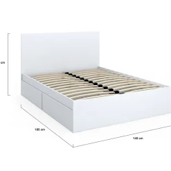 IDMarket Lit double OMAHA 4 tiroirs sur roulettes avec tête de lit et sommier 140 x 190 cm blanc