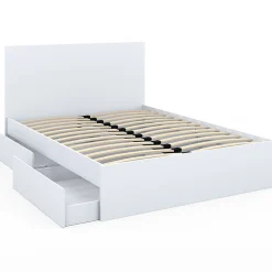 IDMarket Lit double OMAHA 4 tiroirs sur roulettes avec tête de lit et sommier 140 x 190 cm blanc