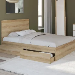 IDMarket Lit double OMAHA 4 tiroirs sur roulettes avec tête de lit et sommier 140 x 190 cm façon hêtre