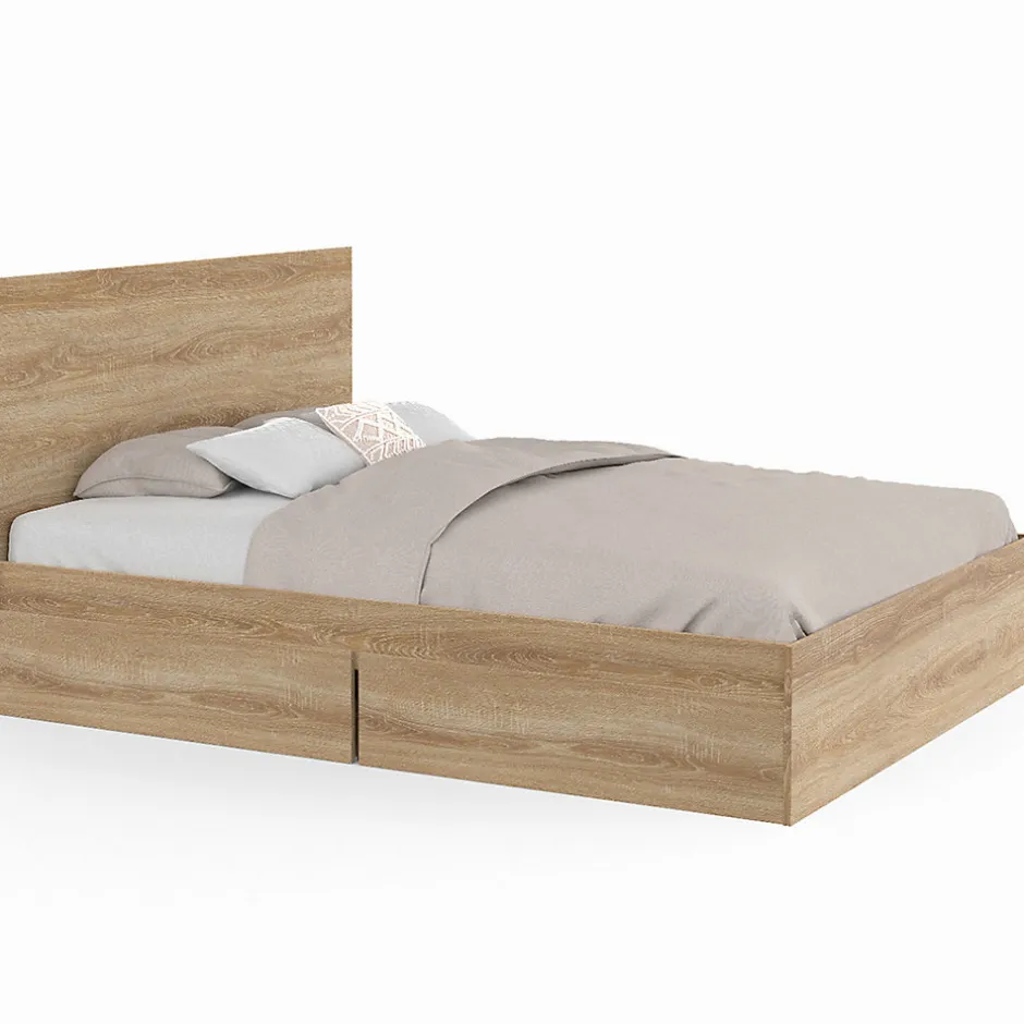 IDMarket Lit double OMAHA 4 tiroirs sur roulettes avec tête de lit et sommier 140 x 190 cm façon hêtre