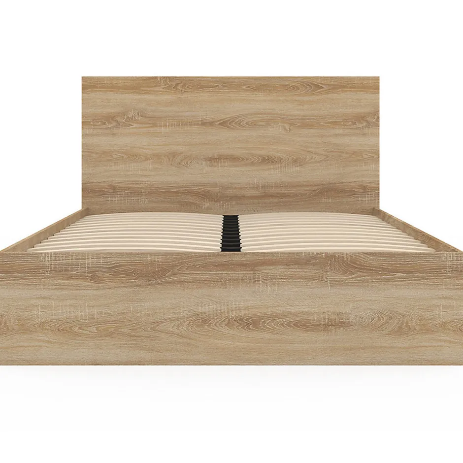 IDMarket Lit double OMAHA 4 tiroirs sur roulettes avec tête de lit et sommier 140 x 190 cm façon hêtre
