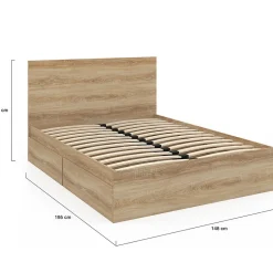 IDMarket Lit double OMAHA 4 tiroirs sur roulettes avec tête de lit et sommier 140 x 190 cm façon hêtre