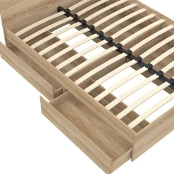 IDMarket Lit double OMAHA 4 tiroirs sur roulettes avec tête de lit et sommier 140 x 190 cm façon hêtre