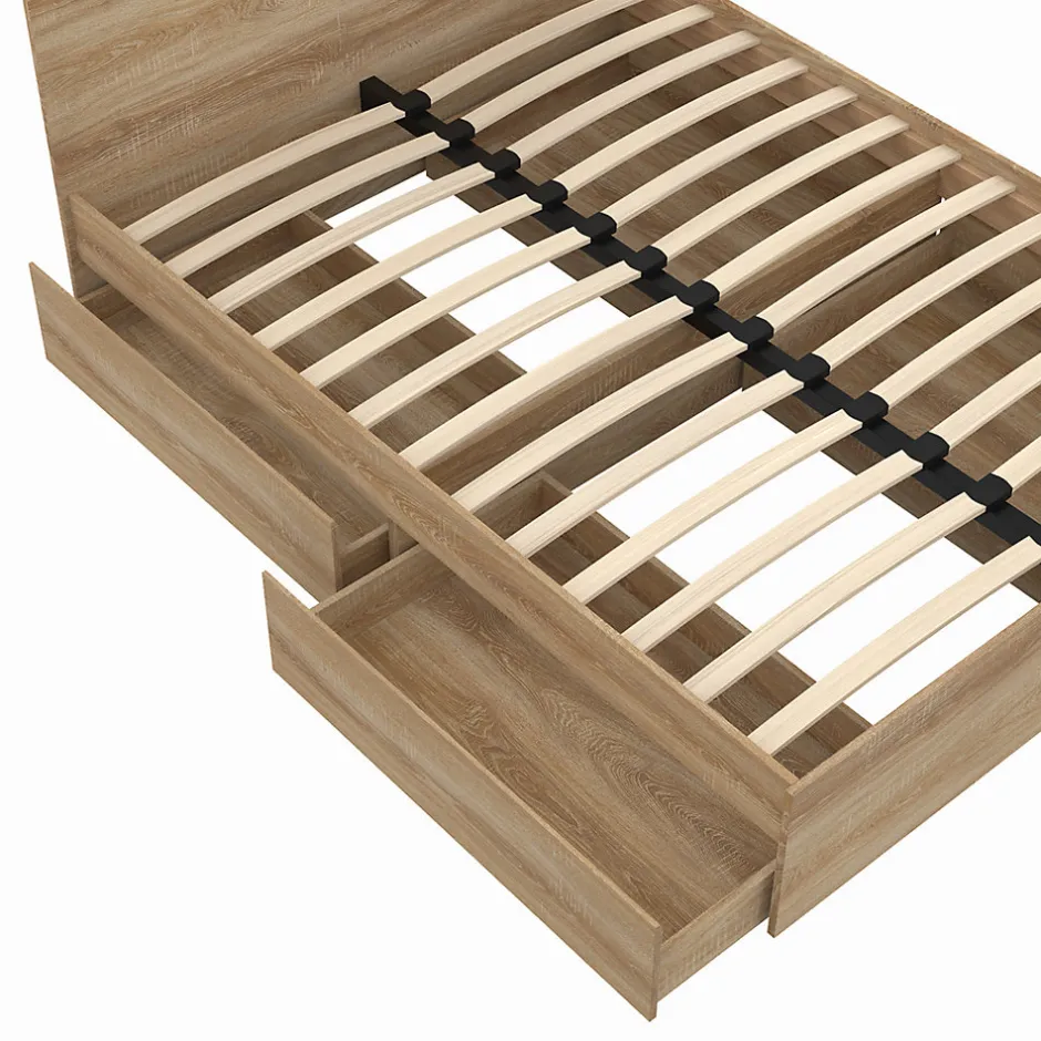IDMarket Lit double OMAHA 4 tiroirs sur roulettes avec tête de lit et sommier 140 x 190 cm façon hêtre