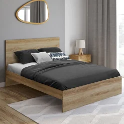 IDMarket Lit double OMAHA avec tête de lit et sommier 140 x 190 cm façon hêtre