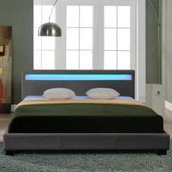 Corium Lit Double Rembourré à LED Sommier à Lattes Polyester 140 x 200 cm Gris Foncé