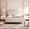 Redom Lit double rembourré 140 sur 200 cm cadre avec tête de lit fleurie en velours doux lit adulte invité beige