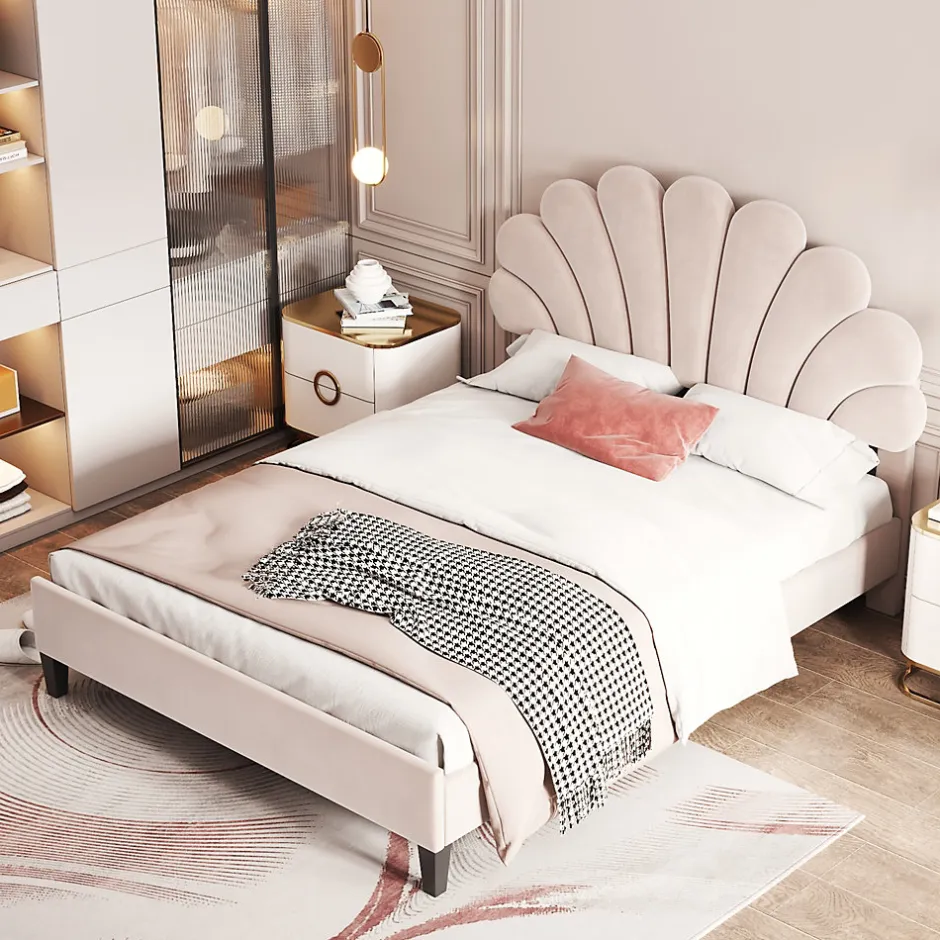 Redom Lit double rembourré 140 sur 200 cm cadre avec tête de lit fleurie en velours doux lit adulte invité beige
