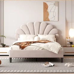 Redom Lit double rembourré 140 sur 200 cm cadre avec tête de lit fleurie en velours doux lit adulte invité beige