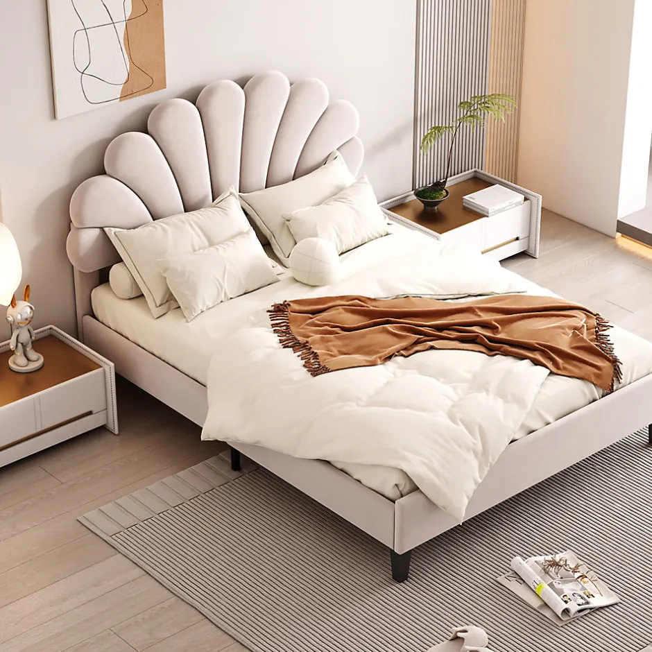 Redom Lit double rembourré 140 sur 200 cm cadre avec tête de lit fleurie en velours doux lit adulte invité beige