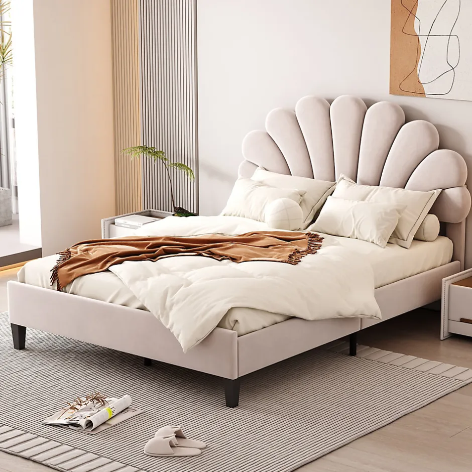 Redom Lit double rembourré 140 sur 200 cm cadre avec tête de lit fleurie en velours doux lit adulte invité beige