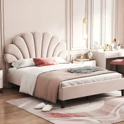 Redom Lit double rembourré 140 sur 200 cm cadre avec tête de lit fleurie en velours doux lit adulte invité beige