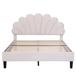 Redom Lit double rembourré 140 sur 200 cm cadre avec tête de lit fleurie en velours doux lit adulte invité beige