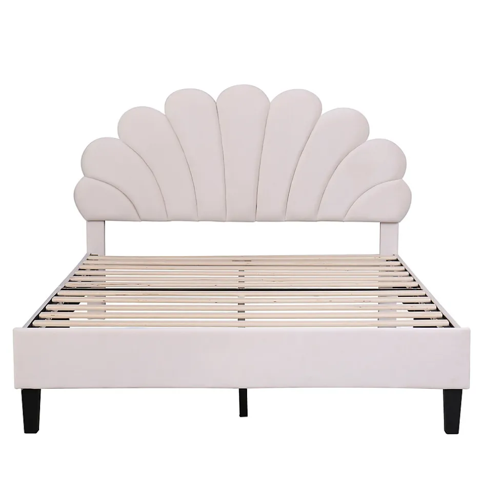 Redom Lit double rembourré 140 sur 200 cm cadre avec tête de lit fleurie en velours doux lit adulte invité beige