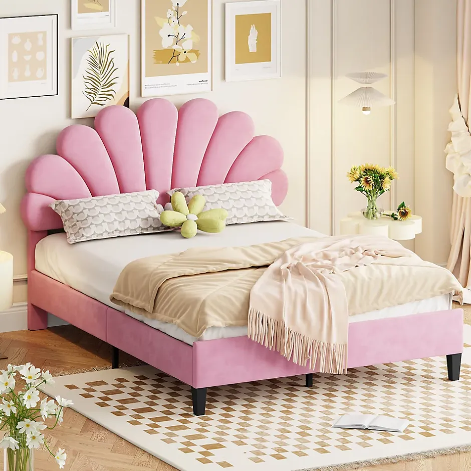 Redom Lit double rembourré 140 sur 200 cm cadre avec tête de lit fleurie en velours doux lit adulte invité rose New