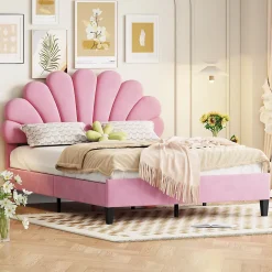 Redom Lit double rembourré 140 sur 200 cm cadre avec tête de lit fleurie en velours doux lit adulte invité rose New