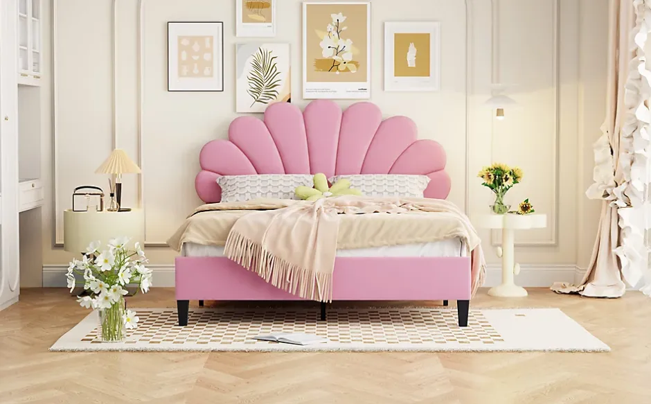 Redom Lit double rembourré 140 sur 200 cm cadre avec tête de lit fleurie en velours doux lit adulte invité rose New