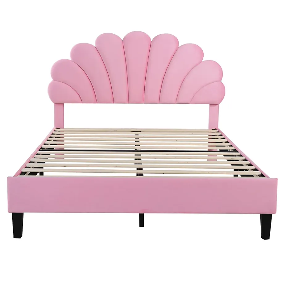 Redom Lit double rembourré 140 sur 200 cm cadre avec tête de lit fleurie en velours doux lit adulte invité rose New