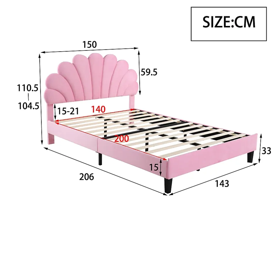 Redom Lit double rembourré 140 sur 200 cm cadre avec tête de lit fleurie en velours doux lit adulte invité rose New