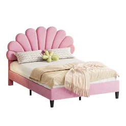 Redom Lit double rembourré 140 sur 200 cm cadre avec tête de lit fleurie en velours doux lit adulte invité rose New