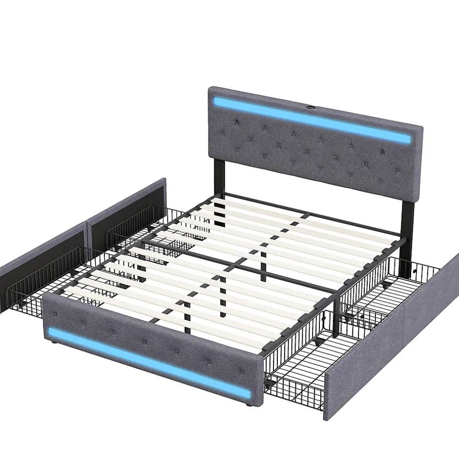 Fortuna lai Lit Double Rembourré 140 X 190 Cm Avec 4 Tiroirs Et Sommier à Lattes En Bois Avec USB Et LED, Gris Hot